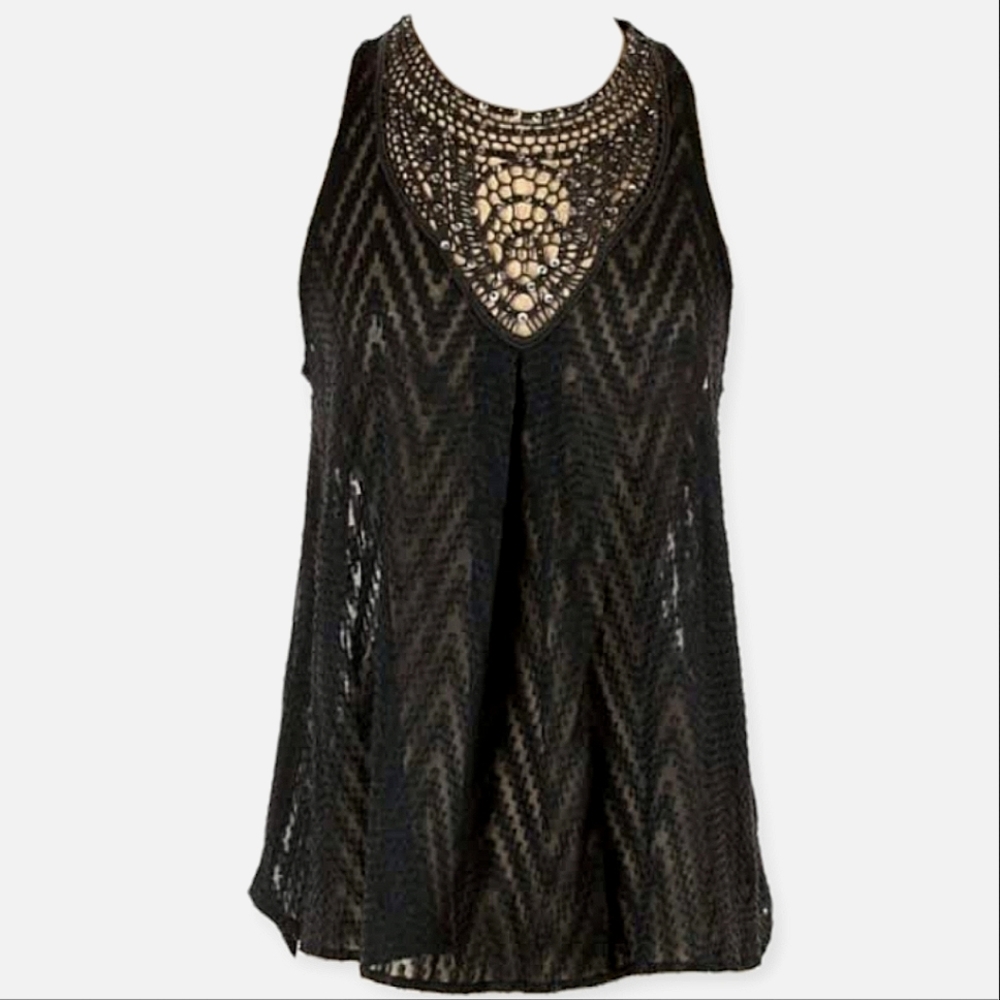 ASTR Black Beaded Crochet Lace Chevron Swing Tank Top Womens Medium